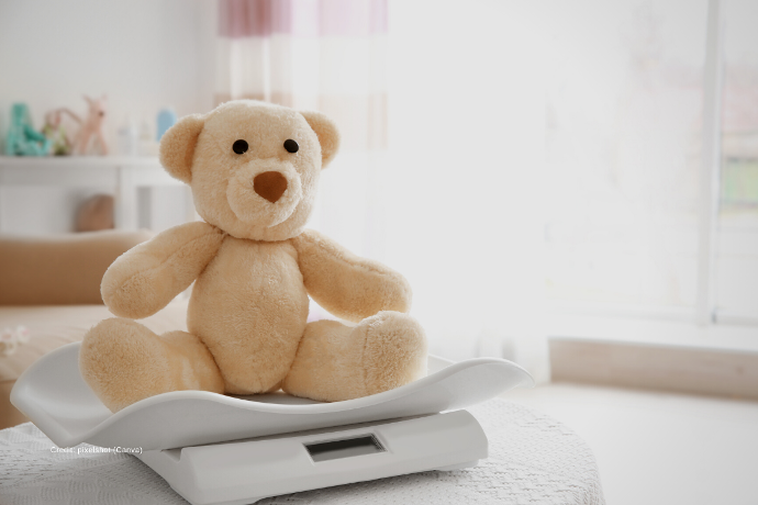 Verleih_Babywaage Zu sehen ist ein Stoff-Teddybär, der auf einer Babywaage sitzt.