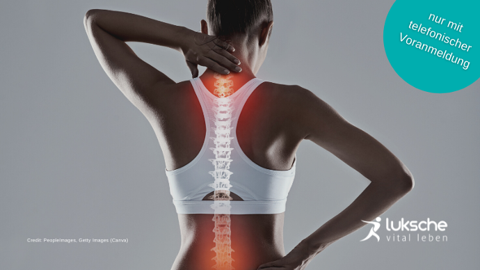 Bild einer Frau in Rückenansicht mit hervorgehobener Wirbelsäule - Rückencheck (nur mit telefonischer Voranmeldung)