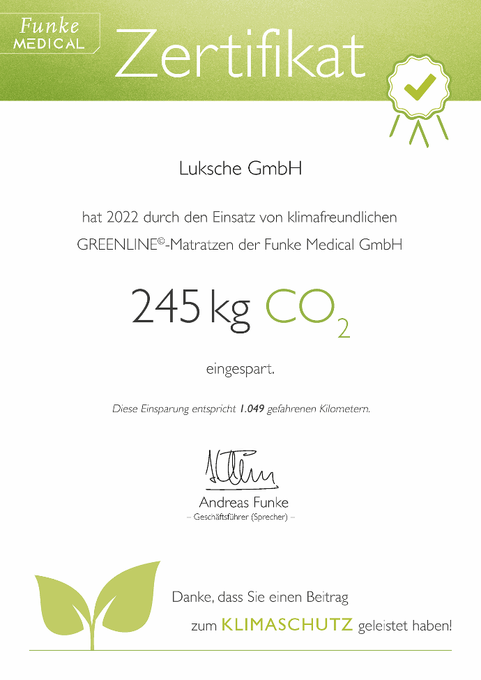 Zertifikat der Funke Medical GmbH für gesparte 20 kg CO₂